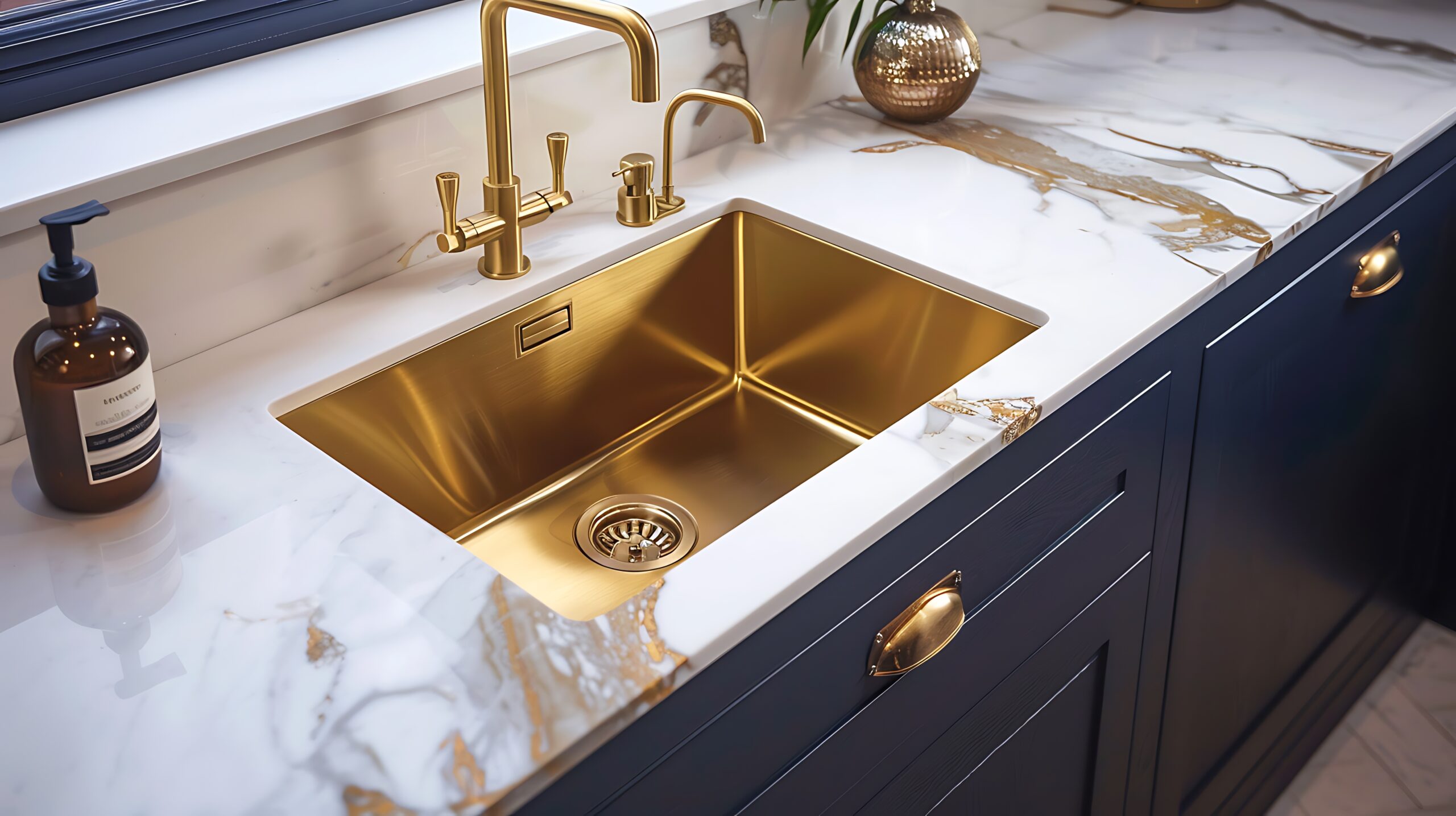 showing a gold sink with gold single lever monobloc tap inset in white marble kitchen counter over navy wood grain effect floor cabinets